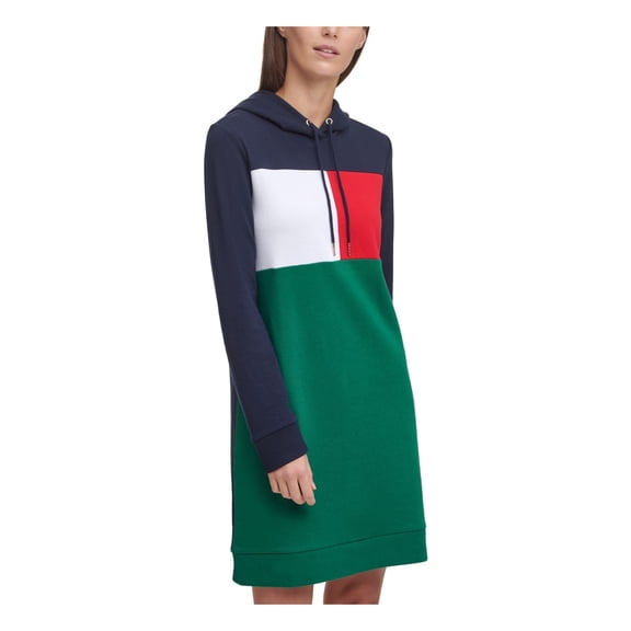 TOMMY HILFIGER Womens Navy Cotton Blend Color Block Long Sleeve Above The Knee Shift Dress L