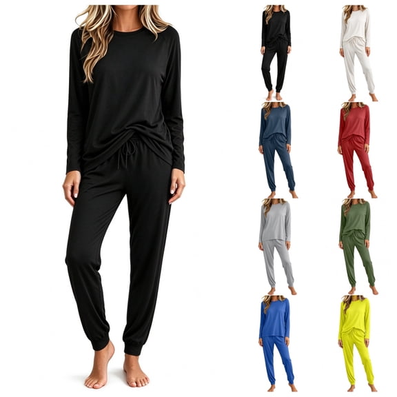 vzibsiv Pajamas for Women Set Long Sleeve Crew Neck Soft Loungewear Jogger Pants Casual Sleepwear Black Size L