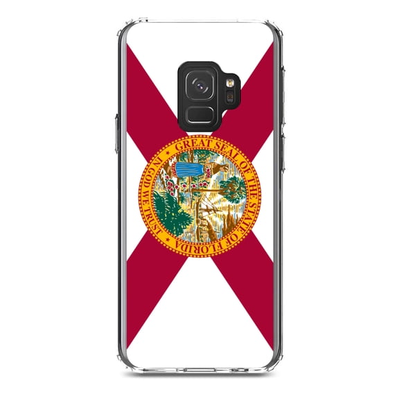 DistinctInk Clear Shockproof Hybrid Case for Samsung Galaxy S9 (5.8" Screen) - TPU Bumper, Acrylic Back, Tempered Glass Screen Protector - Florida State Flag - US State Flag