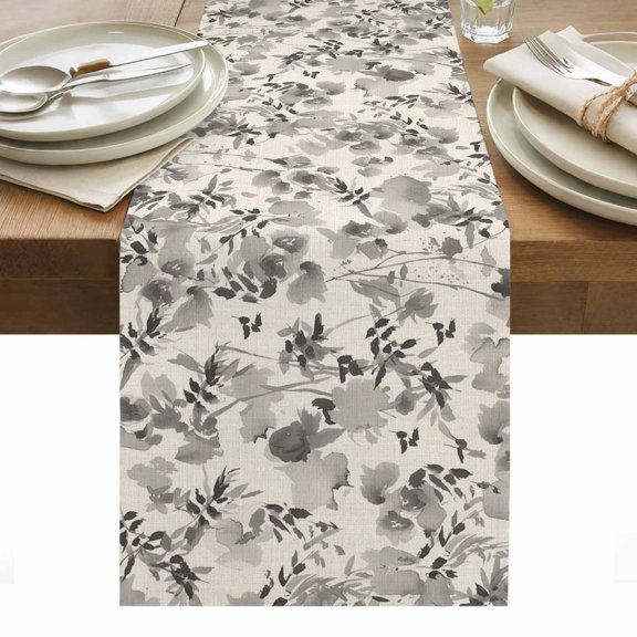 Vintage Grey Flower Table Runner - 60 Inch Long, Kitchen Dining Table Runner Dresser Scarves, Farmhouse Botanical Floral Retro Farmhouse Decor for Coffee Tables Wedding Party Banquet
