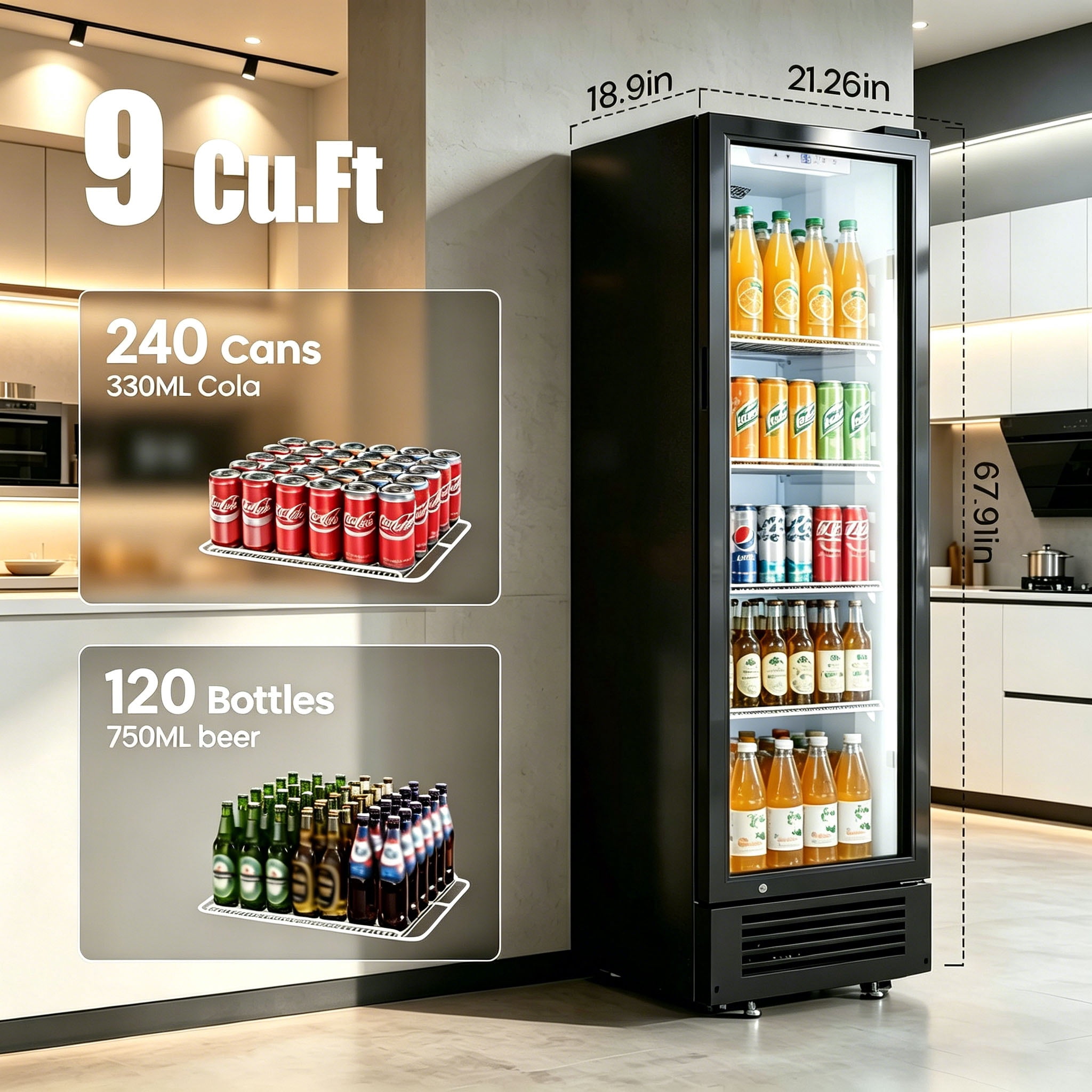 Auseo 9 Cu.Ft Commercial Refrigerator, Double-Tempered Glass Door Beverage Fridge with Wheels, Low-Noise Outdoor Drink Cooler for Bar, Office, Restaurant or Home
