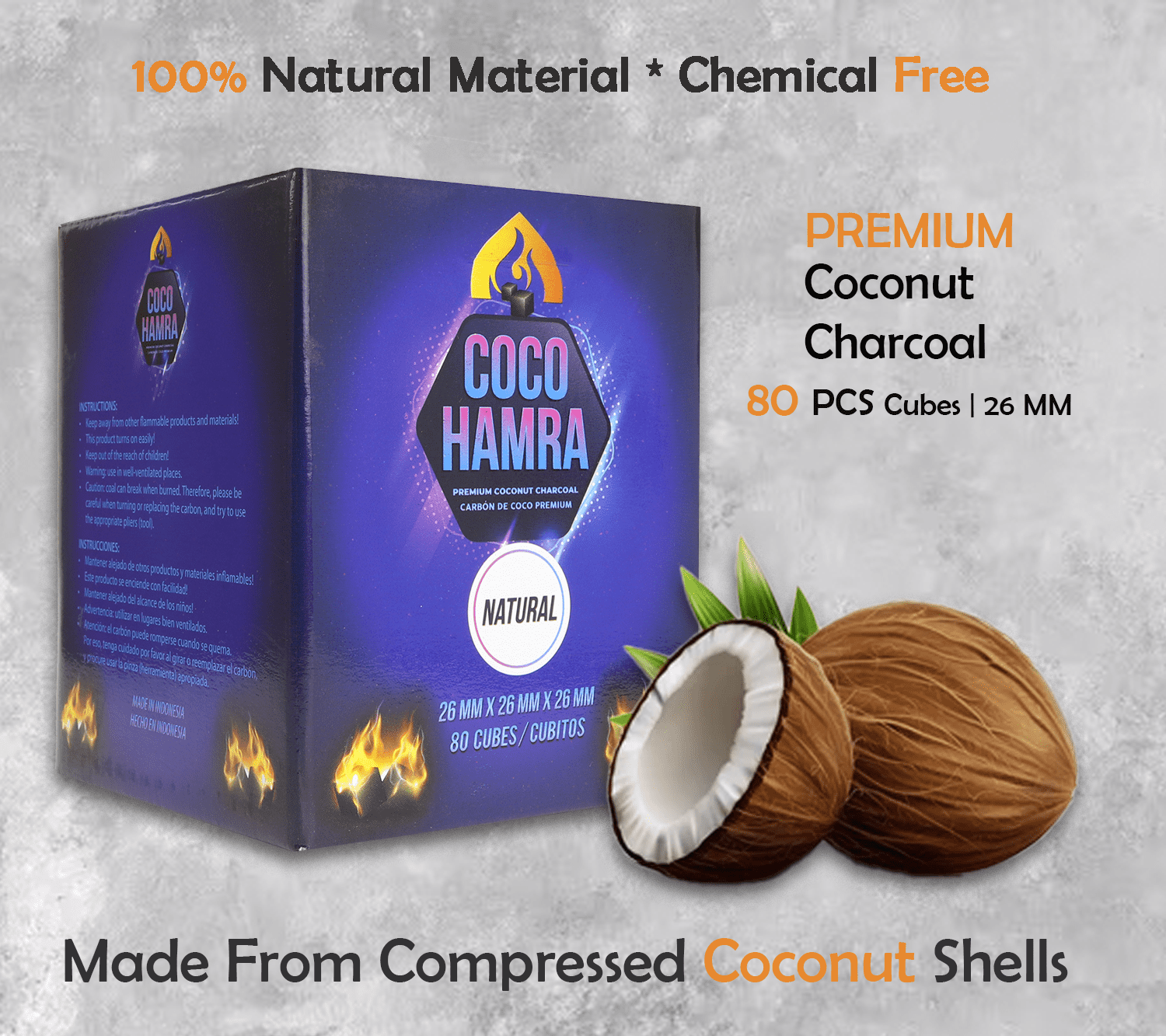 Coco Hamra* Natural Coconut Shell Charcoal Cubes - 6400pcs Coals - Made from Natural Coconut Incense Briquettes | Made in Indonesia | 26mm Charcoal Incense Cubes| Master case 10KG