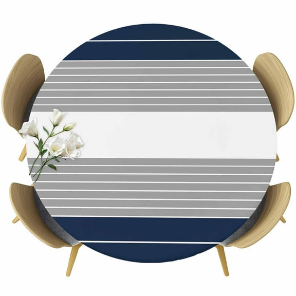 Navy Blue Grey Stripe Round Tablecloth 55-60 Inch Round Fitted Table Cloth with Elastic Edge, Modern Art Horizontal Striped Waterproof Table Cover Protector for Outdoor Picnic Party Dining
