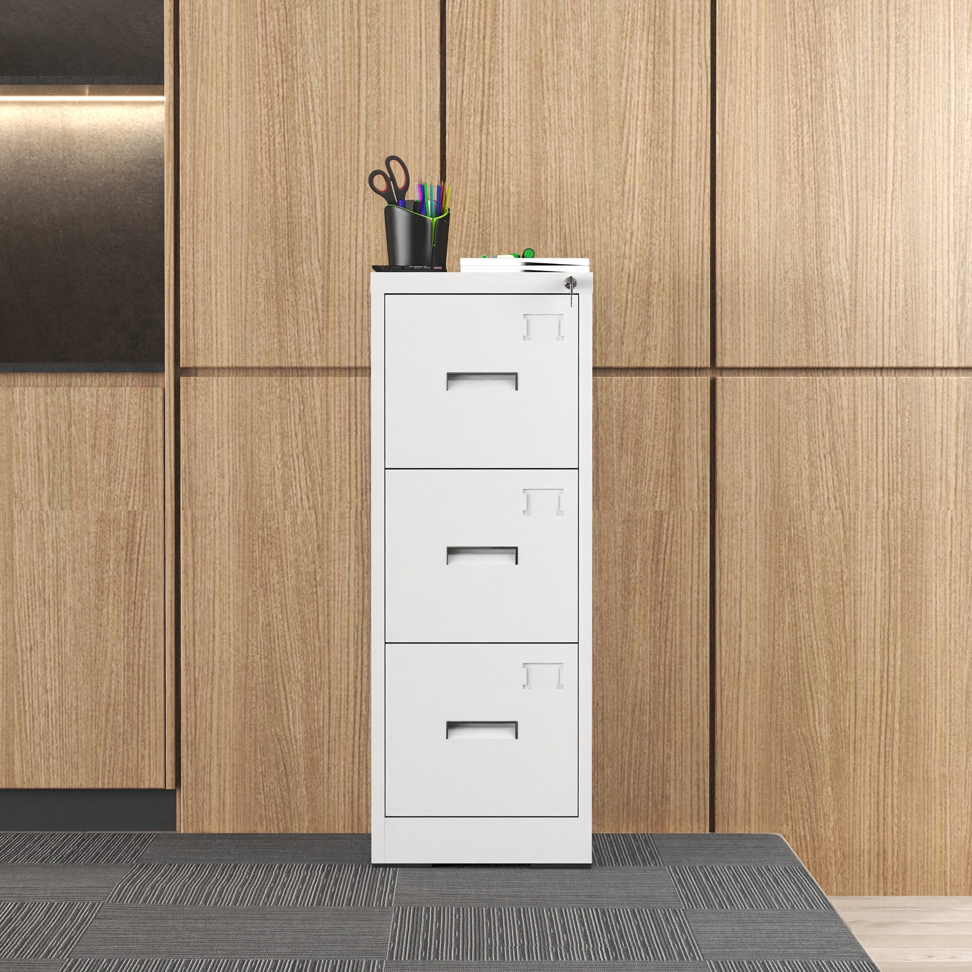 File Cabinet, 3 Drawer Filing Cabinet with Lock, Locking Vertical File Cabinet for Home Office, White Metal File Cabinet for Hanging Letter/Legal Folders, Easy Assemble