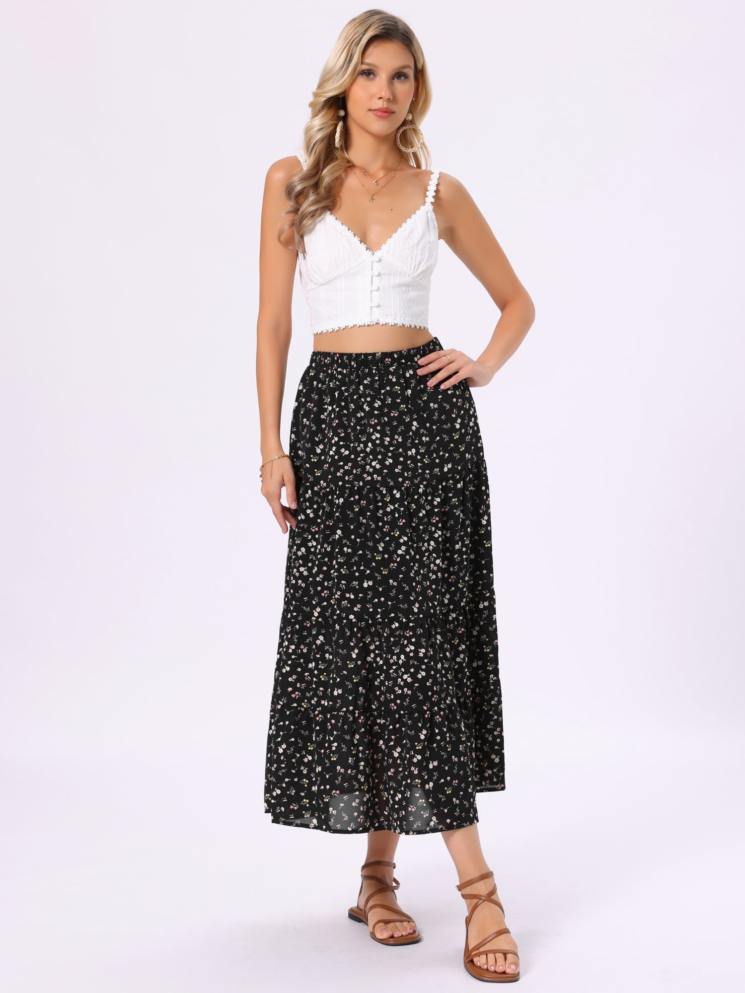 DARING DIVA Women's Floral Maxi Skirt Elastic High Waist A Line Skirts X-Large Black