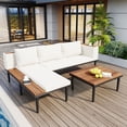 thumbnail image 3 of Luxury Patio Furniture Set with Removable Cushions and Coffee Table, L-Shaped Acacia Wood Sofa with Side table, Outdoor Conversation Sectional Sofa for Backyard, Porch (Beige), 3 of 11