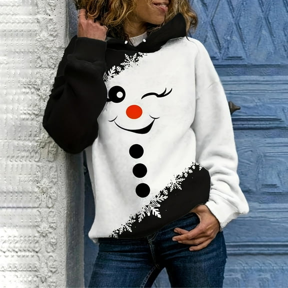 Christmas Sweatshirts Women'S Fashion Hoody for Winter Snowman Print Long Sleeve Tops Top Women Hoodies Black L