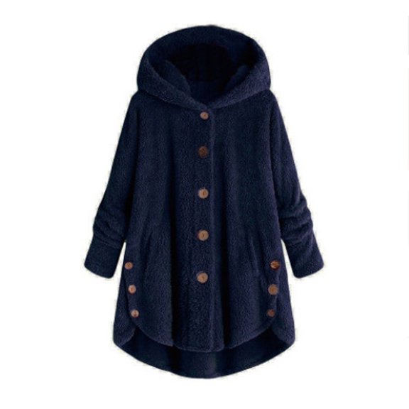 Winter Coats for Women Zpanxa Women Plus Size Button Plush Tops, Hooded Loose Cardigan Wool Coat, Casual Plush Jacket Outwear Navy 5XL