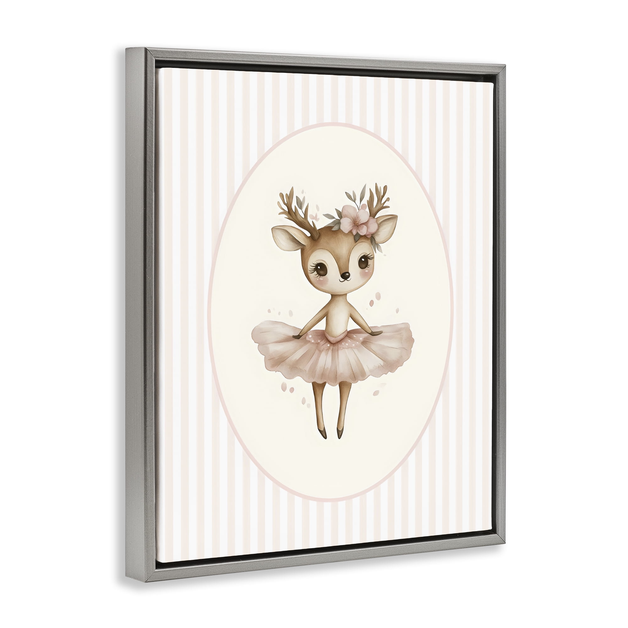 Stupell Industries Nursery Ballerina Deer Striped Gray Framed Floater Canvas Wall Art, design by LSR Design Studio