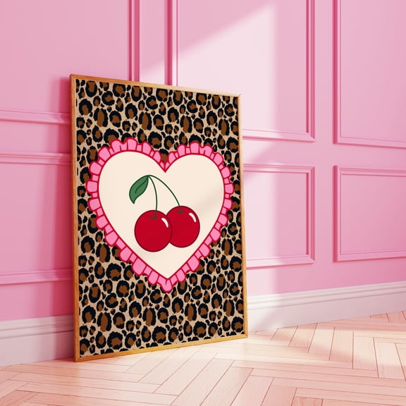 YaHaku Leopard Heart Cherry Print - Pink & Red Wavy Wall Art