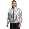 thumbnail image 2 of TiaoBug Men's Holographic Hoodie Long Sleeve Shiny Metallic Bomber Jacket Hooded Zip-up Outerwear Coat Silver L, 2 of 6
