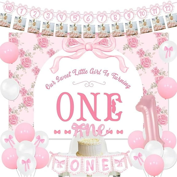 Pink Bow 1st Birthday Party Decorations Bow Floral Our Sweet Little Girl Is Turning One Backdrop Pink Bow Month Photo Banner Cake Topper for Baby Pincess Girls First Birthday Party Supplies