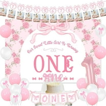 Pink Bow 1st Birthday Party Decorations Bow Floral Our Sweet Little Girl Is Turning One Backdrop Pink Bow Month Photo Banner Cake Topper for Baby Pincess Girls First Birthday Party Supplies