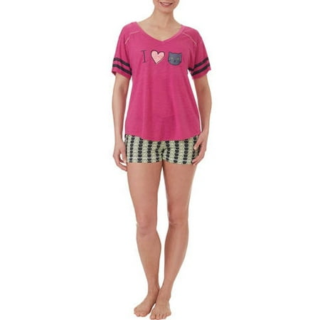 Secret Treasures Women's and Women's Plus Screened Short Sleeve V-Neck Sleep Tee and Boxer Short Pajama 2 Piece Set