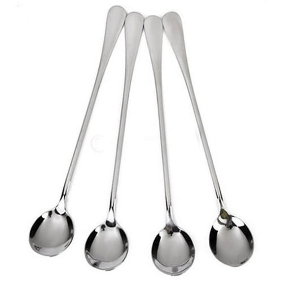 7-Inch Long Handle Iced Tea Spoon, Coffee Spoon, Ice Cream Spoon, Stainless Steel Cocktail Stirring Spoons, Set of 4 Round Stainless Steel Coffee Honey Ice Cream Spoons