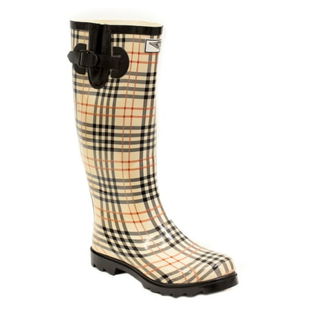 Women Rubber Rain Boots with Cotton Lining, Checkered