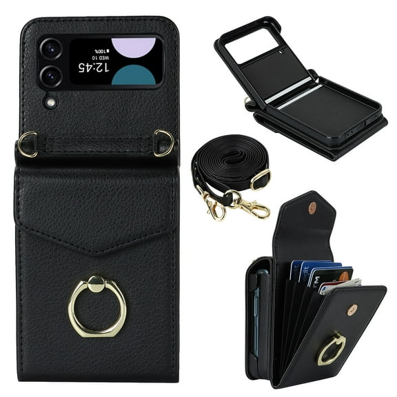 Compatible with Samsung Galaxy Z Flip 4 5G Wallet Case, with Card Holder, Ring Holder RFID Blocking PU Leather Wristband & Crossbody Strap Protective Case for Samsung Galaxy Z Flip 4, Black