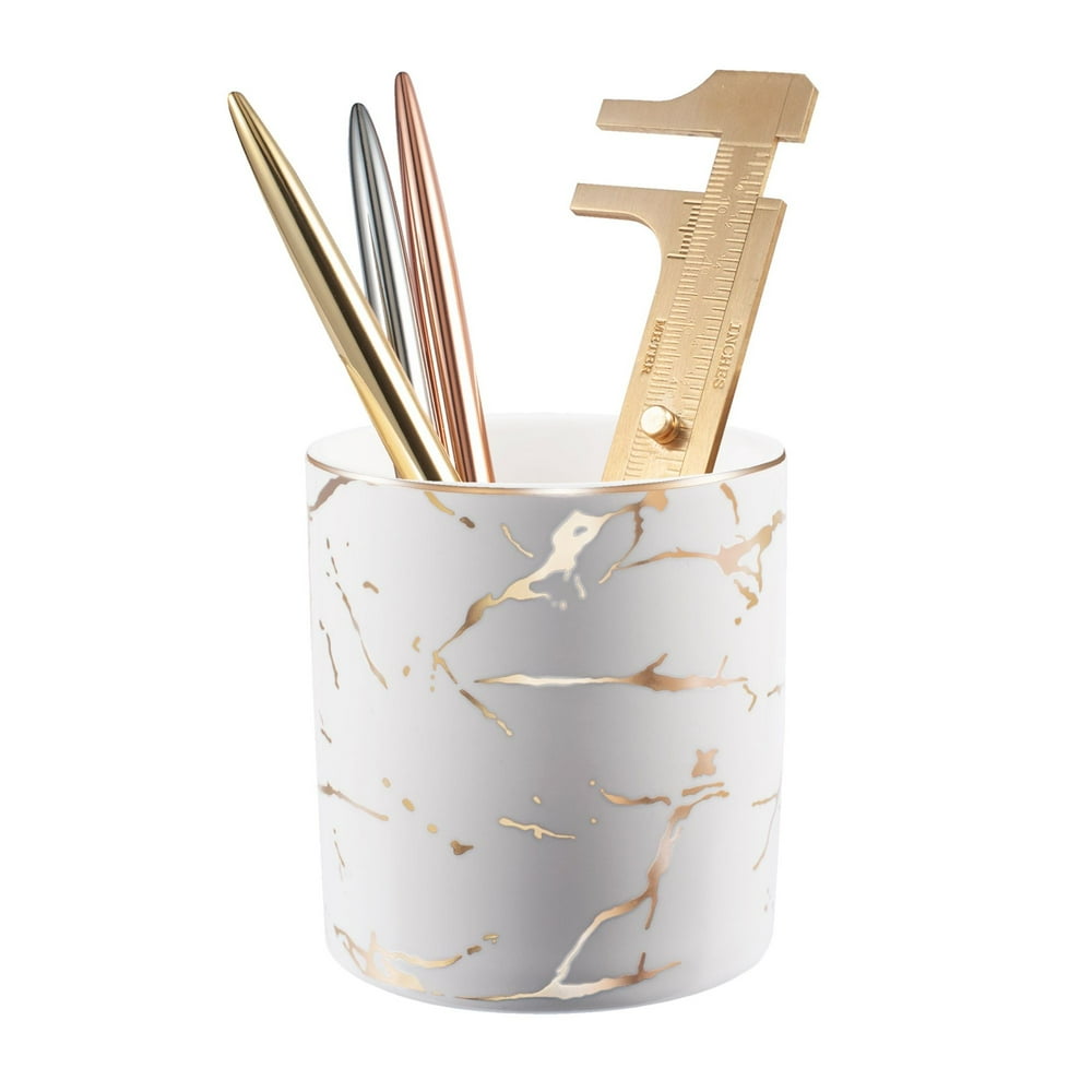 White Gold Marble Pen Holder Pencil Cup for Desk Organizer Makeup