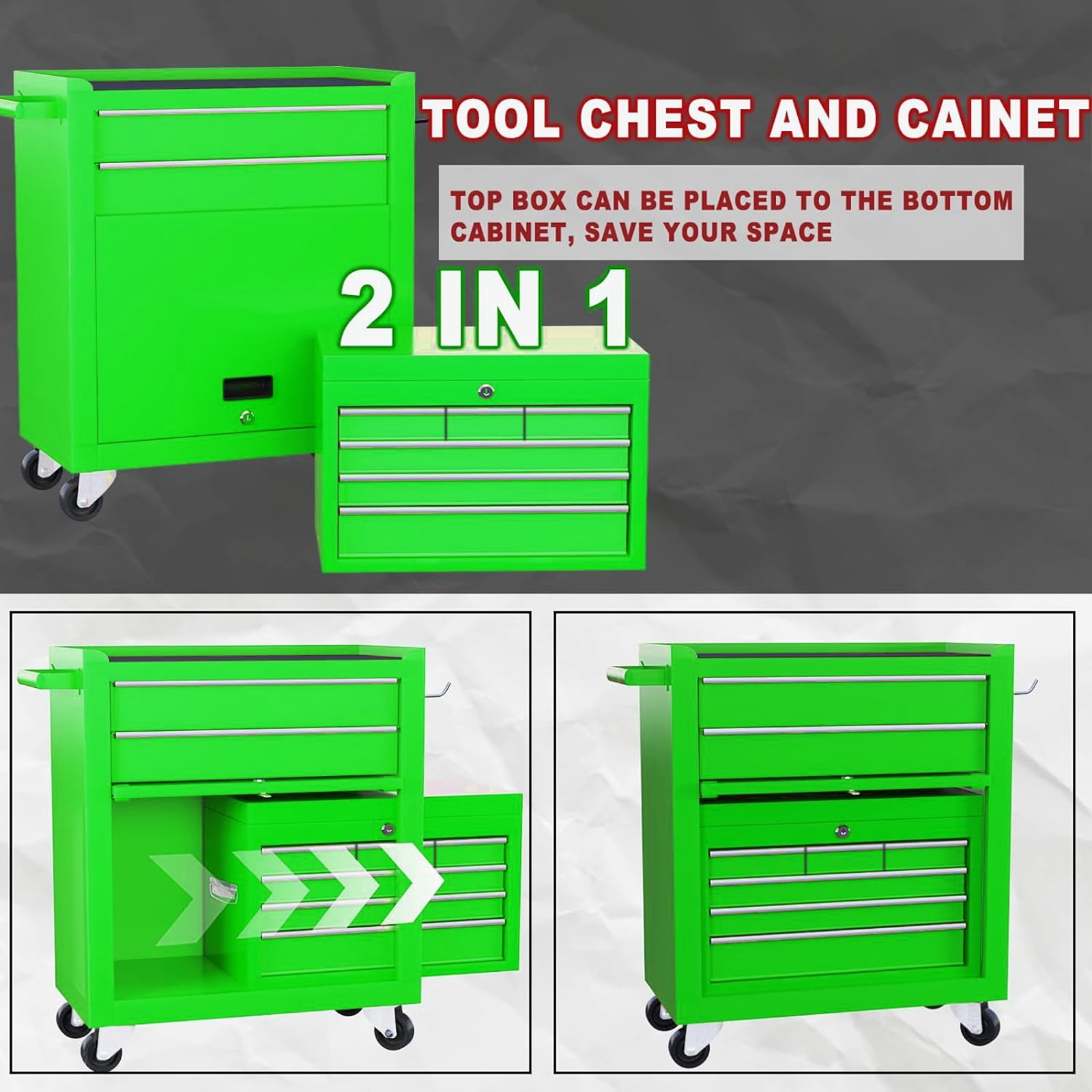 Clickoods 8-Drawer Rolling Tool Chest with Lockable Toolbox, Large Metal Cabinet for Garage & Workshop, Green