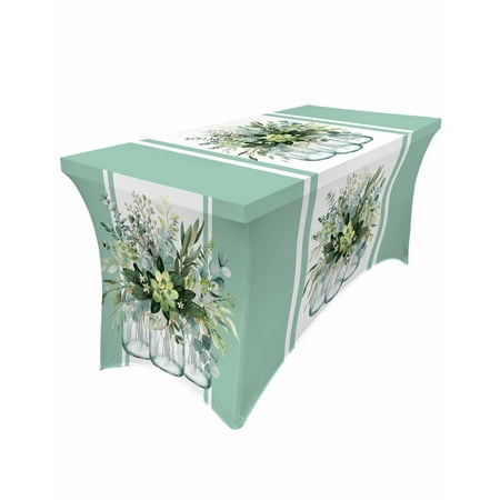 

Summer Eucalyptus Leaf Stripes Elastic Table Skirt Wedding Hotel Birthday Table Cover Buffet Table Tablecloth r