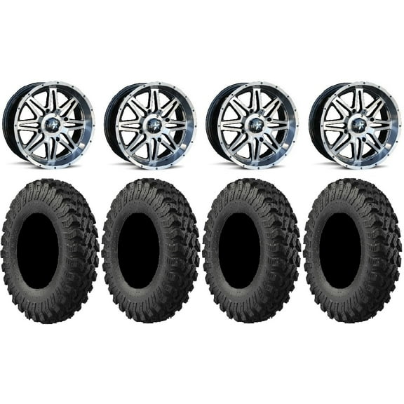 MSA Dark Tint Vibe 14" UTV Wheels 32" MotoRally Tires Kawasaki Mule Pro FXT