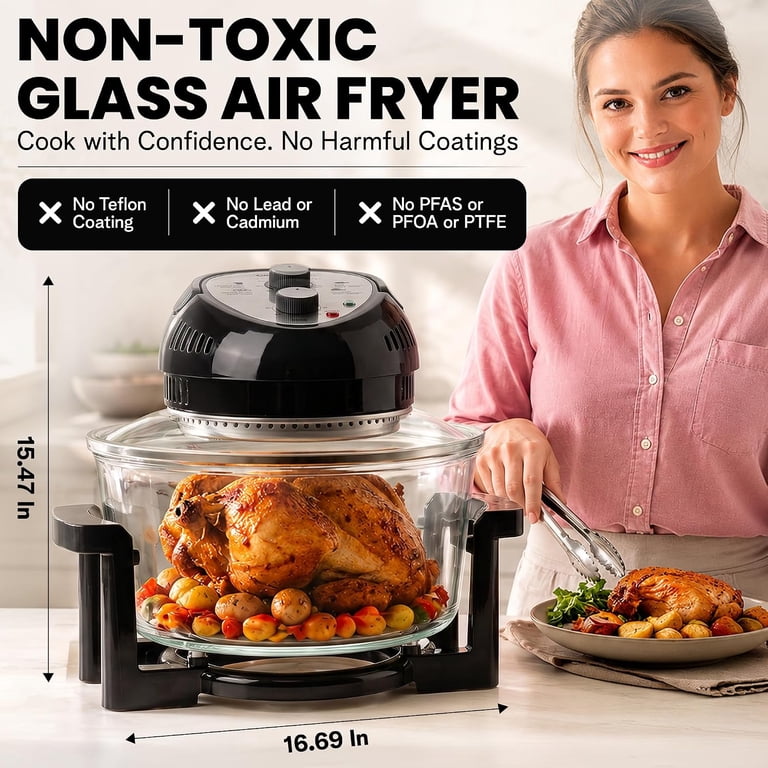 Granitestone 16Qt Large Glass Air Fryer Non Toxic – Family Sized Airfryer Cooker with 3 Cooking Levels, Stainless Steel Racks, Chicken, No Preheat,