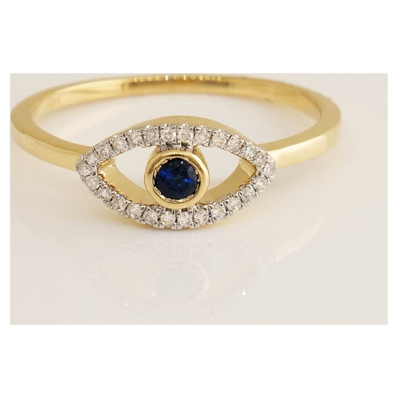 Anygolds 14K Real Solid Gold 0.18ctw Diamond Evil Eye Band Ring - MR20248Y Yellow Gold