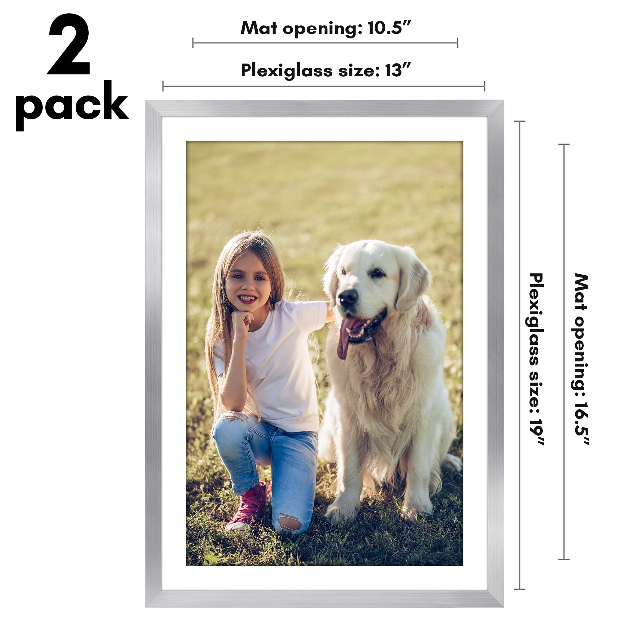 Americanflat 13x19 Picture Frame with Polished Plexiglass with 11x17 Mat 2 Pack Display Photo Frames - Silver