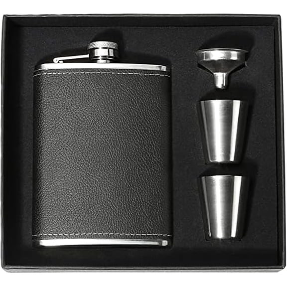 Hip Flask Gift Set for Men, 8oz Leak-proof Flask with 2 Cups and Funnel, Food-grade Stainless Steel Black Leather Pocket Flask, Gift Box Suitable for Whiskey, Wedding Party Groomsman Gift