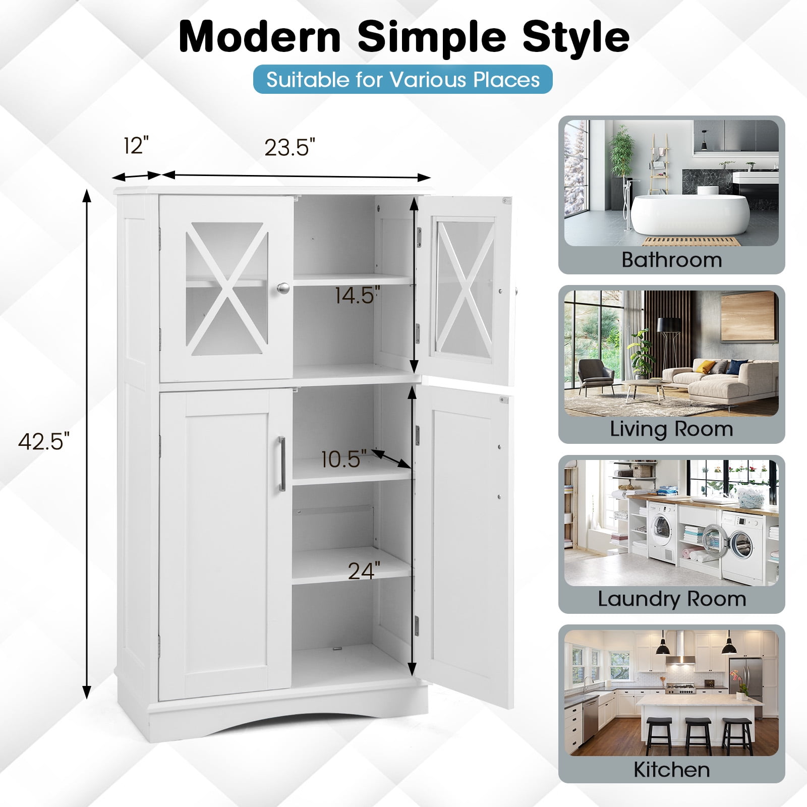 Giantex Bathroom Floor Storage Cabinet, Freestanding Linen Cabinet w/3 Adjustable Shelves, White
