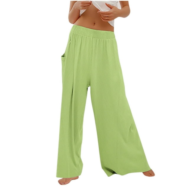 Yuyuzo Ribbed Knit Pants for Women Mid Rise Wide Leg Solid Color Lightweight Sweatpants with Pockets