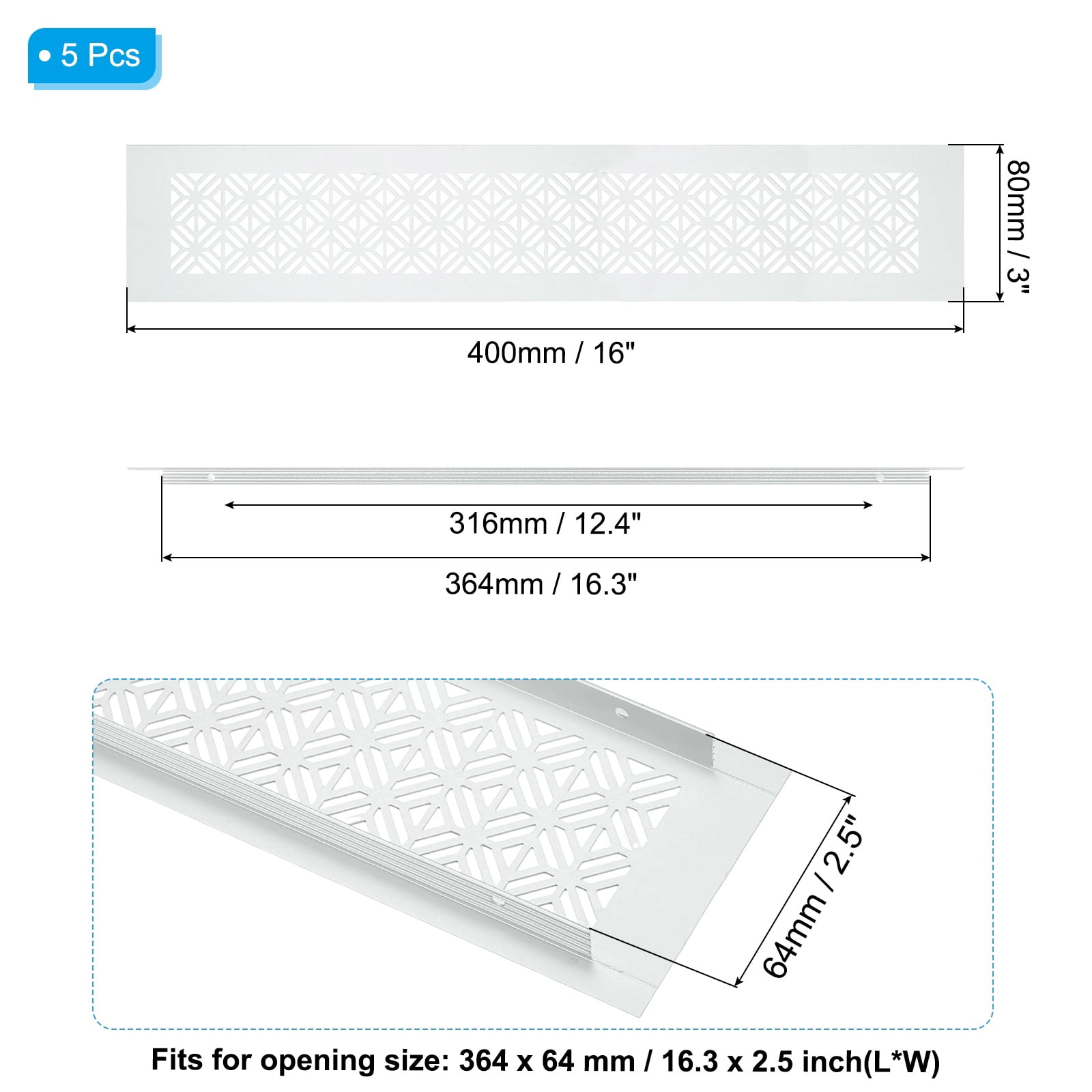 Uxcell 5 Set 16 x 3 Inch Door Air Vent Cover, Heavy Duty Aluminum Grille Ventilation Cover Louvered with Mounting Screws for Cabinet Wardrobe Door, Beige