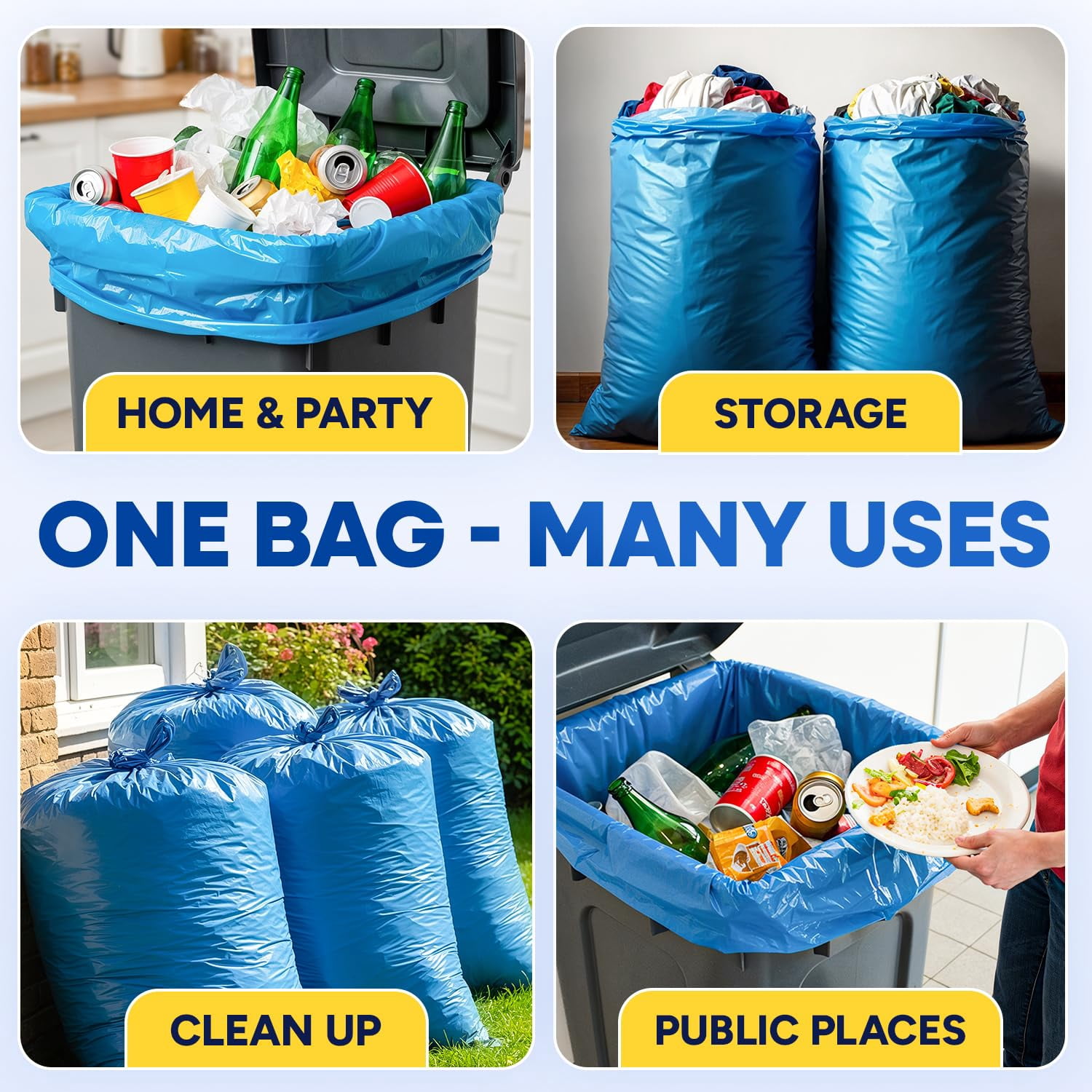 (100 Pack) 55-60 Gallon Trash Bags, 2 Mil, Heavy Duty, Fit Rubbermaid Brute Rollout, Round and Square 32-55 gal Trash Cans, 43" x 47" Large Durable Garbage Trash Can Liners, Bulk (2 Mil Blue)