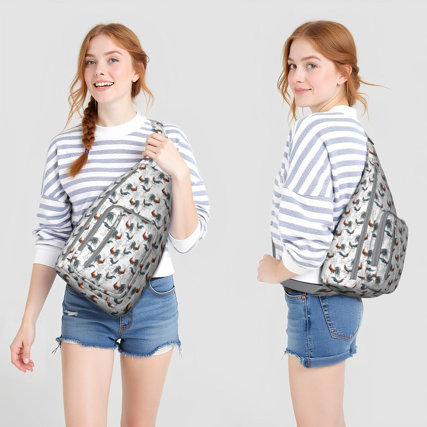 Farmhouse Chicken Print Canvas Sling Bag - Retro Rooster & Eggs Crossbody Shoulder Pack for Men/Women, Cute Farm-Themed Casual Daypack (Rustic Chick Coop Design, Lightweight & Durable)