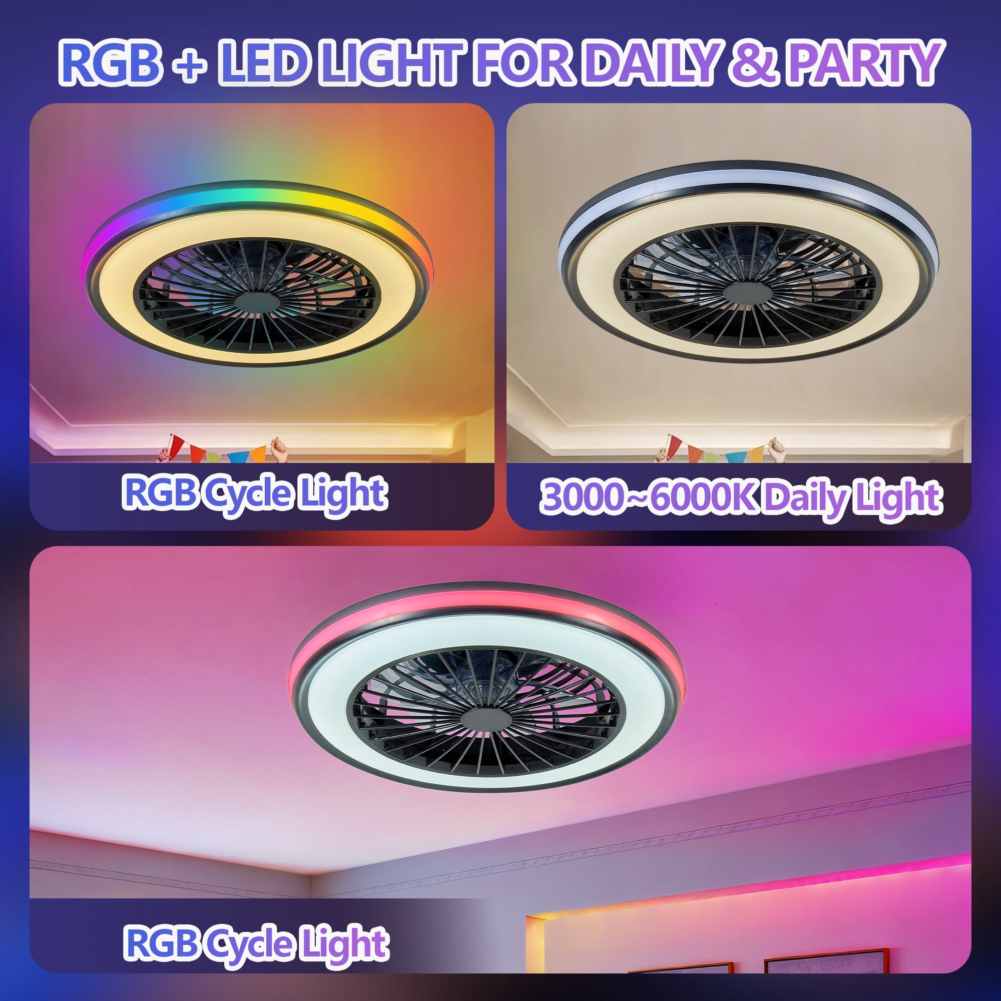 Miniyam 20" LED RGB Ceiling Fan Lights and Remote Control, 6 Speed, Dimmable Fandelier for Bedroom, 3000/4500/6000K, Black