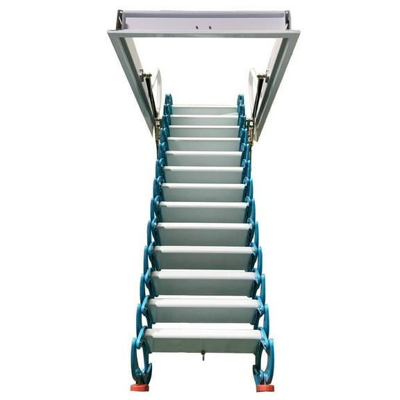 PreAsion Hidden Telescopic Folding Ladder Attic Pull Down Ceiling Ladder Stairs 13 Steps Al-Mg Alloy Blue   White
