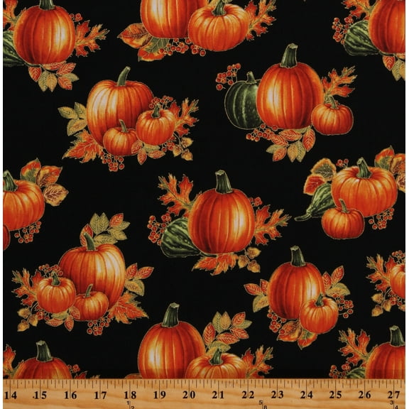 Cotton Pumpkins Food Thanksgiving Day Fall Autumn Harvest Black Cotton Fabric Print by the Yard (1669M-12)