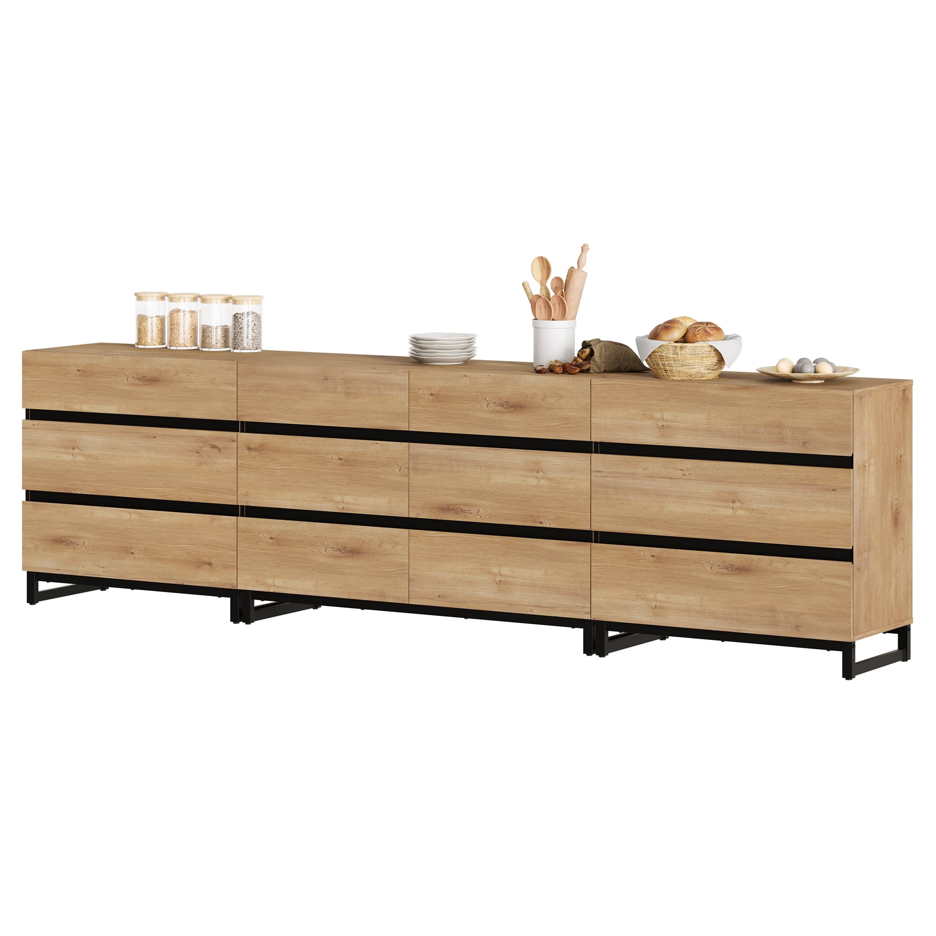 3 In 1 Sideboard Buffet Cabinets With 12 Drawers, Modern Sideboard Credenza With Metal Base, Coffee Bar Cabinet Storage Cabinet,Oak