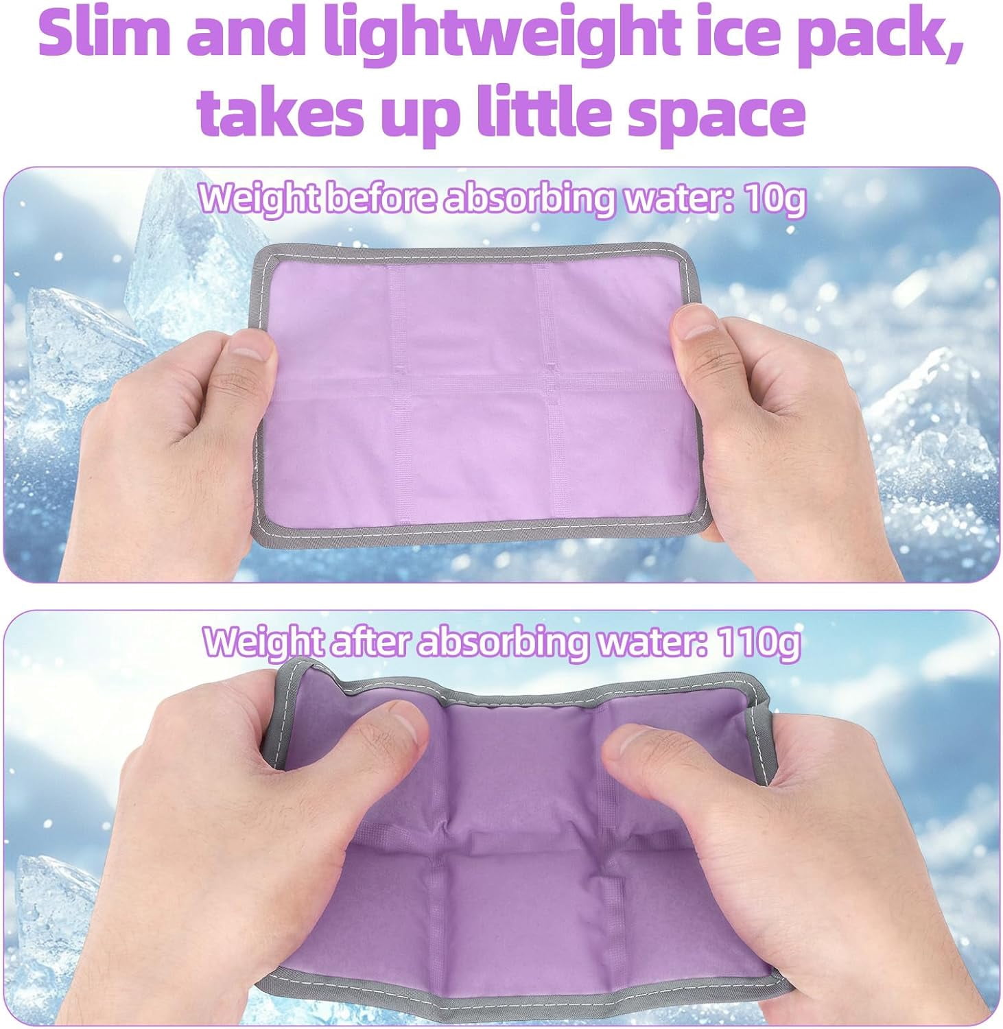 Ice Packs for Lunch Boxes & Coolers, Slim Reusable Space Saving Cooler Ice Packs,Water Absorption (6”x4”x0.7”) , Non-Toxic Cooler for Picnic,Sports & Camping (4Purple+4Green)