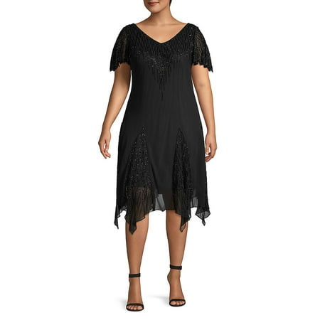 Badgley Mischka Cocktail Dress - Plus Beaded Cocktail Dress With Godet Skirt