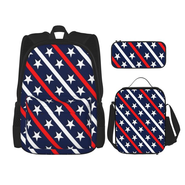 Disketp Patriotic Star Mochila Estampada de Gran Capacidad con Lonchera y Estuche, Set de 3 Piezas para Estudiantes