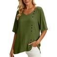 thumbnail image 2 of Yrmaups Loose Fit Short Sleeve T Shirt for Women, Casual V Neck Blouse, Soft Stretch Button Down Tee for Beach Travel Office Daily Wear, Army Green M, 2 of 8