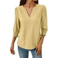 thumbnail image 5 of BangWanChi Women's Casual T-Shirts Fashion Ladies Solid 3/4 Length Sleeve Smocked Cuffed V-Neck Shirt Yellow M, 5 of 6