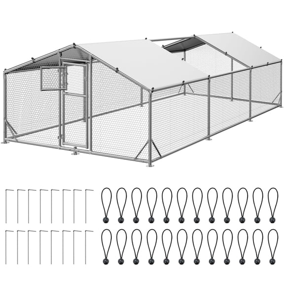 Sylviera Metal Walk-in Chicken Coop, 10x19.7x6.4FT Outdoor Poultry Enclosure, Reinforced Frame and Waterproof Cover for 30-45 Chickens