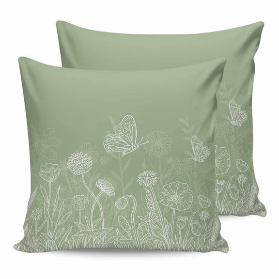 24x24 Pillow Covers Set of 2, Sage Green Wildflowers Throw Pillow Covers Decorative Couch Cushion Case, Modern Floral Butterfly Plant Microfiber Square Pillowcases for Bedroom Car Living Room