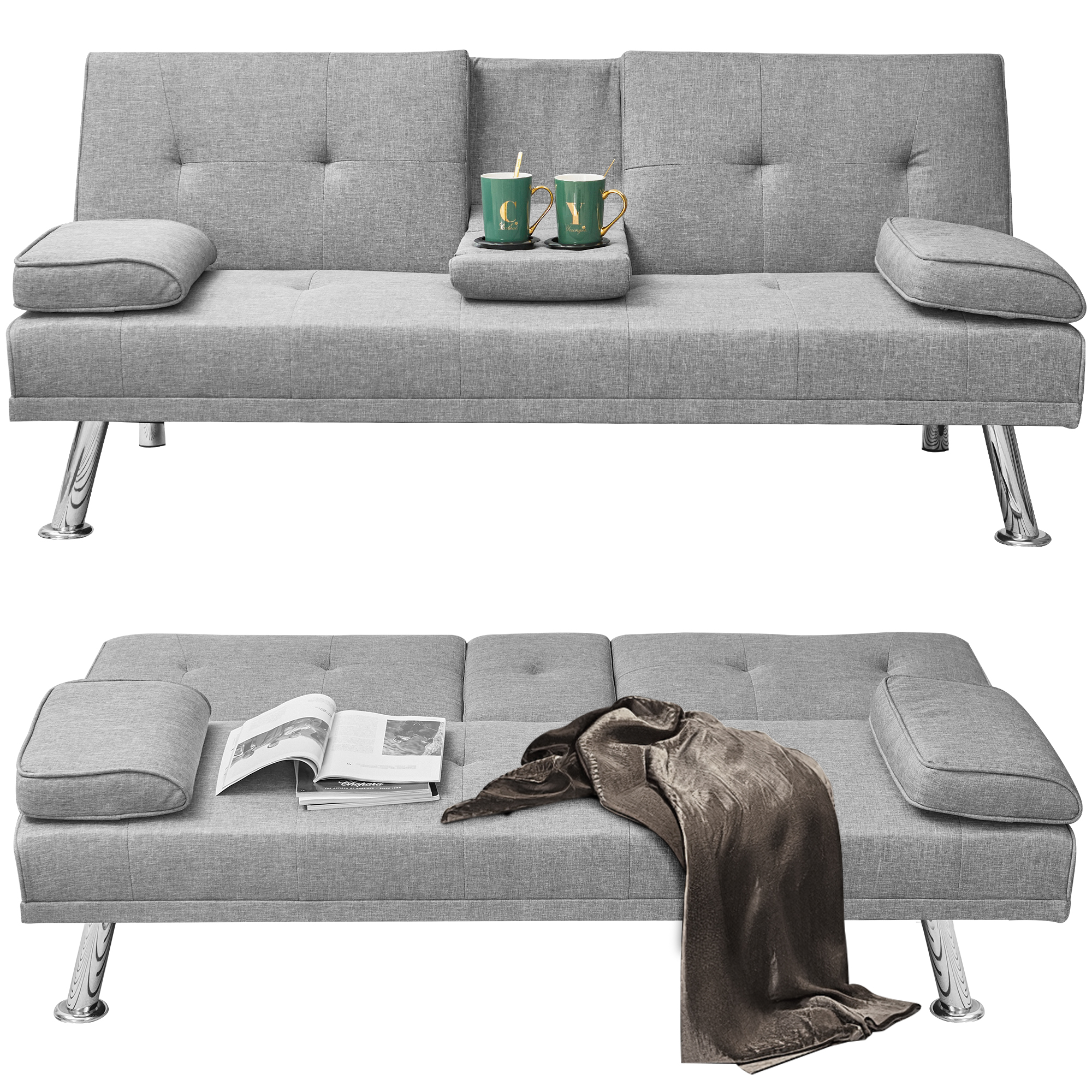 Ucloveria Fabric Folding Sofa Bed with 2 Cup Holders, Multifunctional