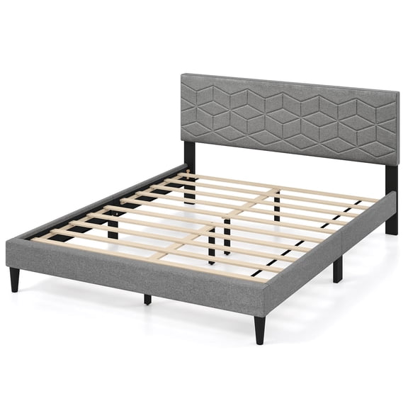 Infans Queen Size Bed Frame w/Linen Fabric Upholstered Headboard & Wooden Slat Support