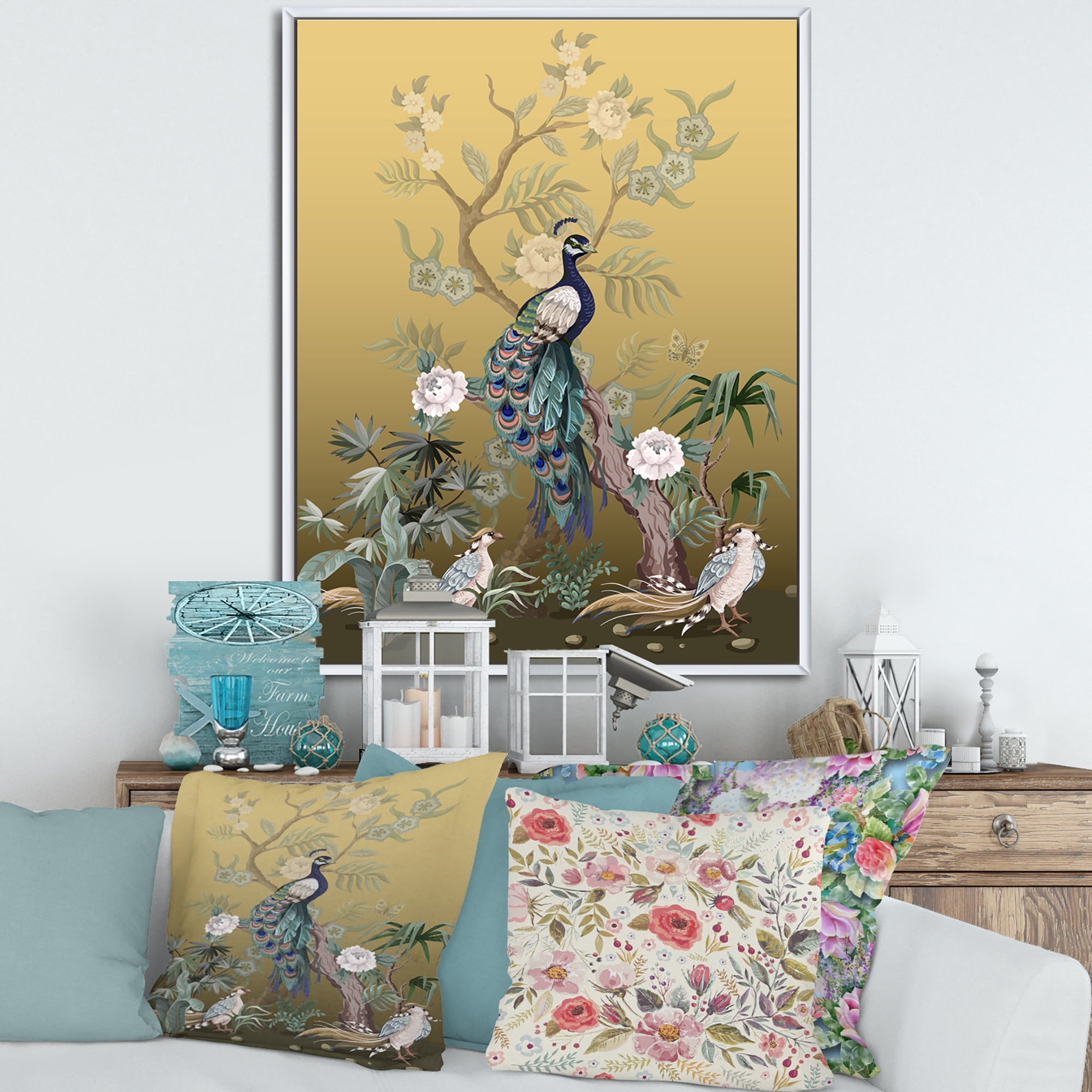 Designart 'Chinoiserie With Peonies and Birds VI' Traditional Framed Canvas Wall Art Print