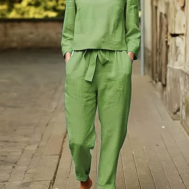 Trajes De Pantalón Informales Conjunto De Dos Piezas, Blusas Sólidas De Manga Larga Y Pantalones Sueltos De Talle Alto Trajes, Ropa De Mujer