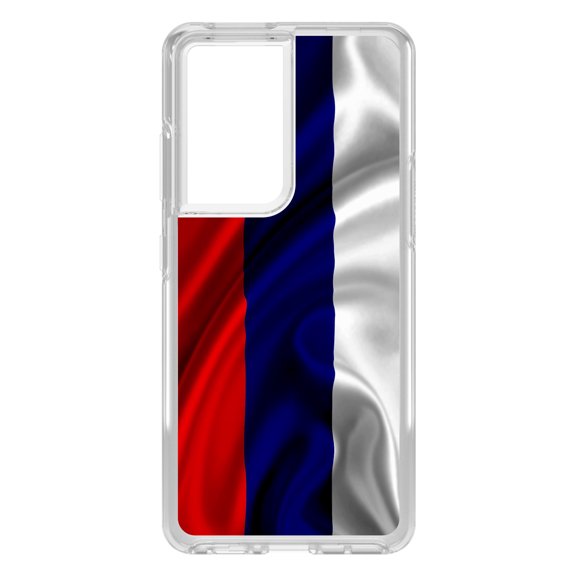 DistinctInk Clear Shockproof Hybrid Case for Galaxy S21 ULTRA 5G (6.8" Screen) - TPU Bumper, Acrylic Back, Tempered Glass Screen Protector - Russia Russian Waving Flag Red Yellow - Love of Russia